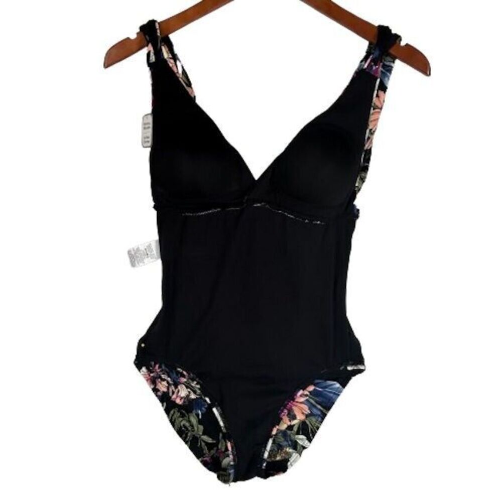 Time and Tru NEW One Piece Swimsuit S Black with Pink Blue Yellow Floral NWT - Picture 4 of 8